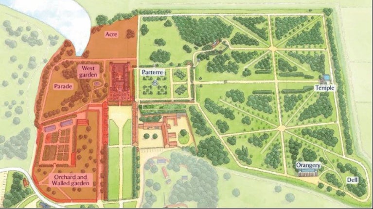 Garden map with highlighted red zones illustrating where dogs cannot go